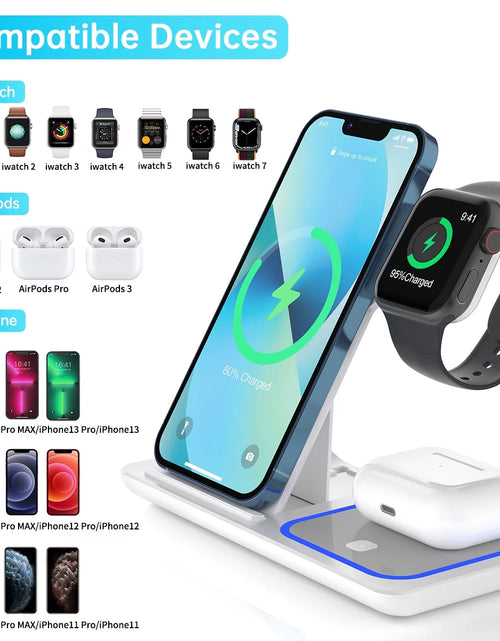 Load image into Gallery viewer, Cargador Inalámbrico, Estación De Carga Rápida Para Iphone De 18W Compatible Con Iphone 17/16/15/14/13/12/11/Pro Max/Plus, Soporte De Cargador Inalámbrico 3 En 1 Para Iwatch SE 11/10/9/8/7/6/5/4, Airpods Pro 2/3/4
