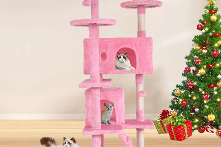 54-In Double Condo Cat Tree Tower Playhouse with Scratching Post & Perch for Indoor, Pink